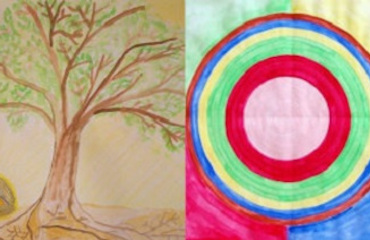 Zwei Bilder aus der Maltherapie. Baum mit einem Schatz darunter und ein Kreis