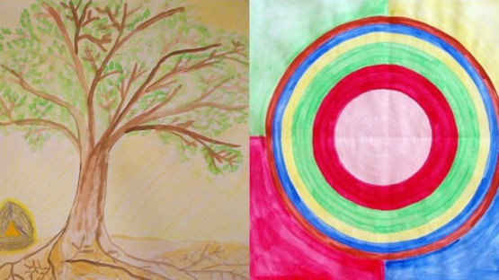 Zwei gemalte Bilder aus der Maltherapie. Ein Baum mit einem Schatz darunter und ein Mandala