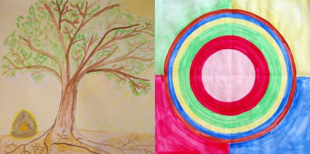 zwei gemalte Bilder der Maltherapie: Baum mit einem Schatz darunter und ein Kreis